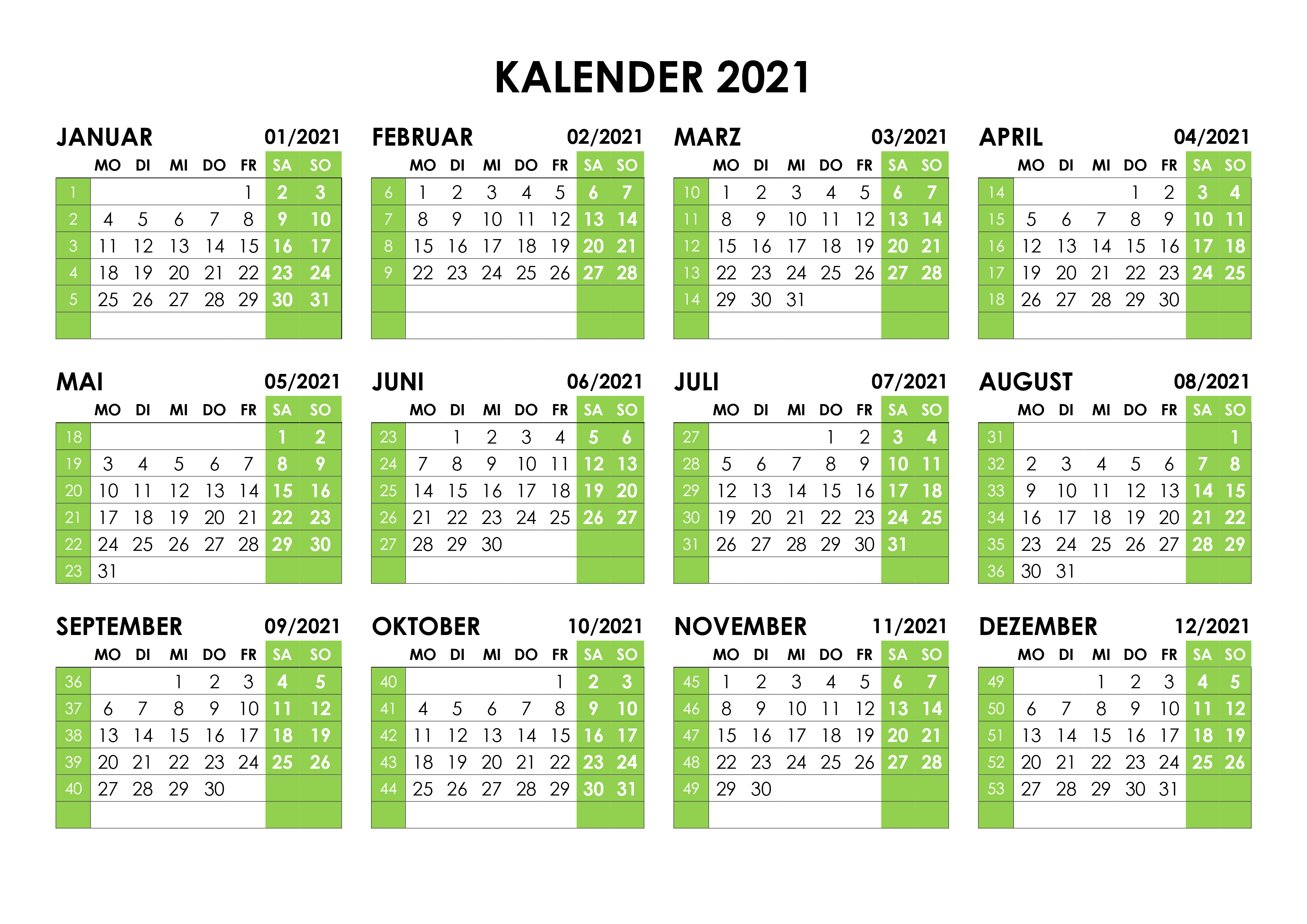Jahreskalender 2021 Mit Wochennummern Horizontal Kalender su